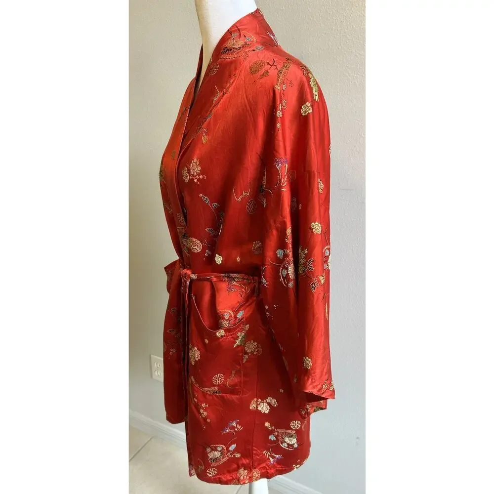 Vintage Kimono Robe Red Patchwork Reversible Asian Gold Hong Kong Retro Pockets